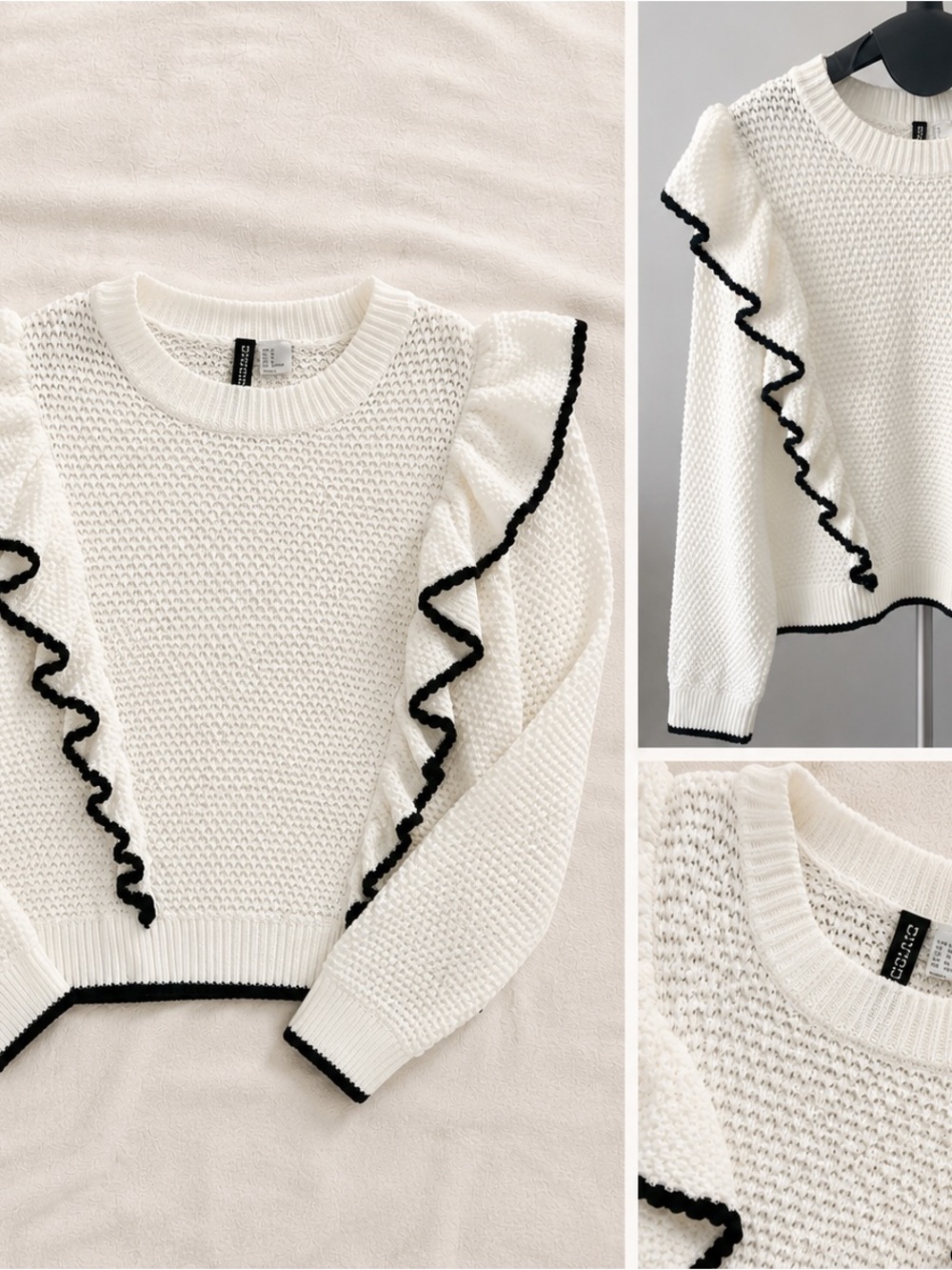 H&M White Textured Ruffle Knit Sweater | Black Contrast Trim | Size Medium
